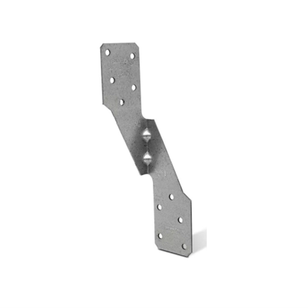 The Simpson H2.5A 18-Gauge ZMAX Galvanized Hurricane Tie by Simpson Strong-Tie has multiple holes for structural support and an angled design with a central bend, efficiently joining two pieces at an angle against a plain white background.
